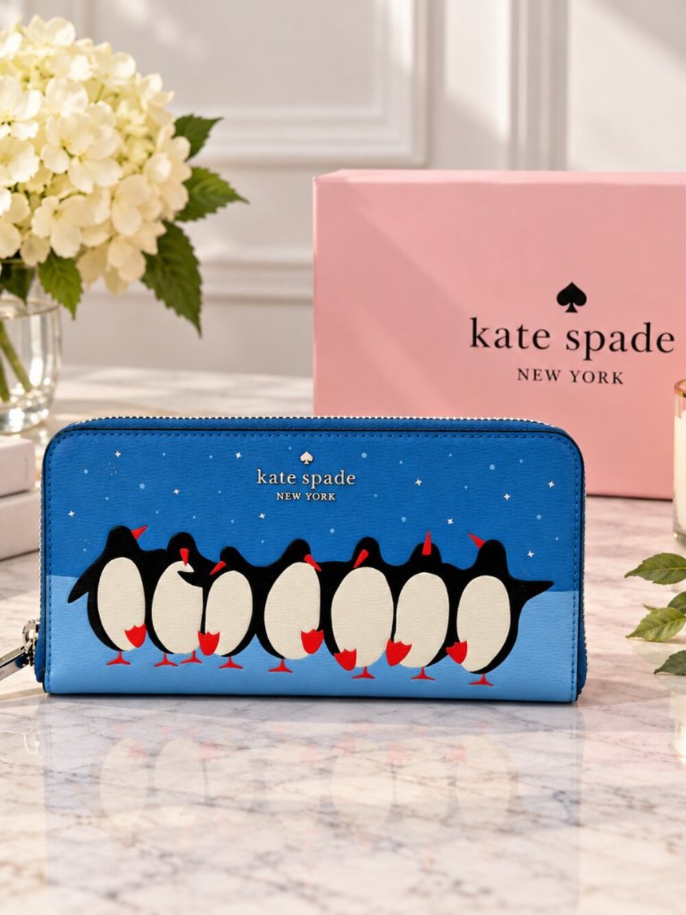 NWT - Kate Spade New York Penguin Print Blue Zip Around Wallet